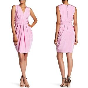 Vera Wang Rose Pink Sleeveless V-Neck Ruched Midi Wedding Guest Dress Size 8 NWT